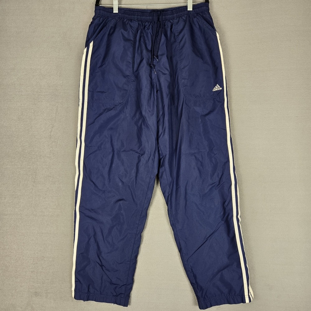 Adidas Track Pants Mens Large 3 Striped Blue Lined Windbreaker Sweatpants